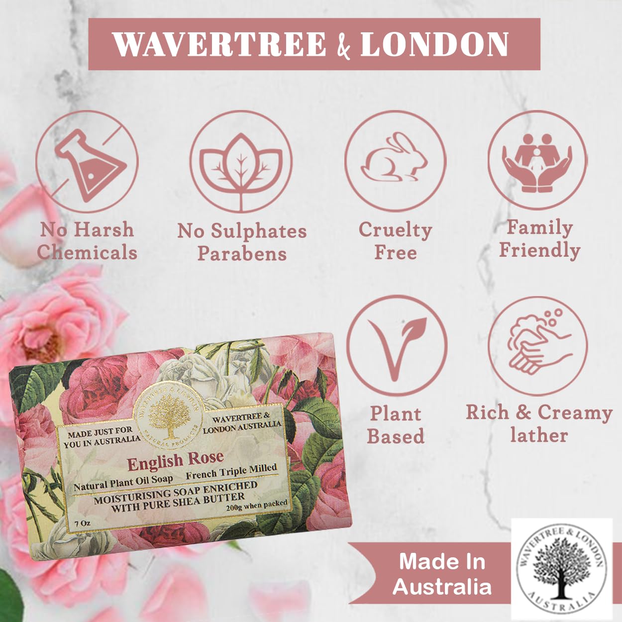 Wavertree & London English Rose Scented Natural Soap Bars for Women & Men (2 x 7oz) – Moisturizing Triple-Milled Soap Bars Enriched with Shea Butter – Plant-Based Bath & Body Bar for All Skin Types - Image 2