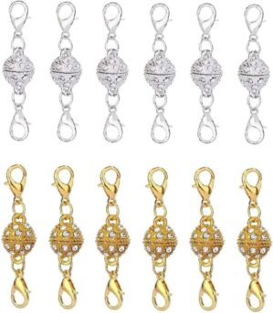 12 Pcs Gold and Silver Rhinestone Ball Style Magnetic Lobster Clasp for Jewellery Necklace Bracelet