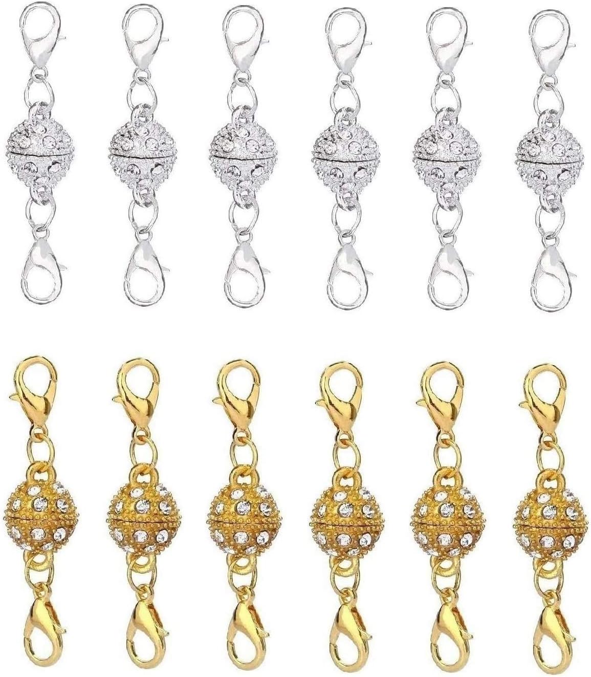 12 Pcs Gold and Silver Rhinestone Ball Style Magnetic Lobster Clasp for Jewellery Necklace Bracelet