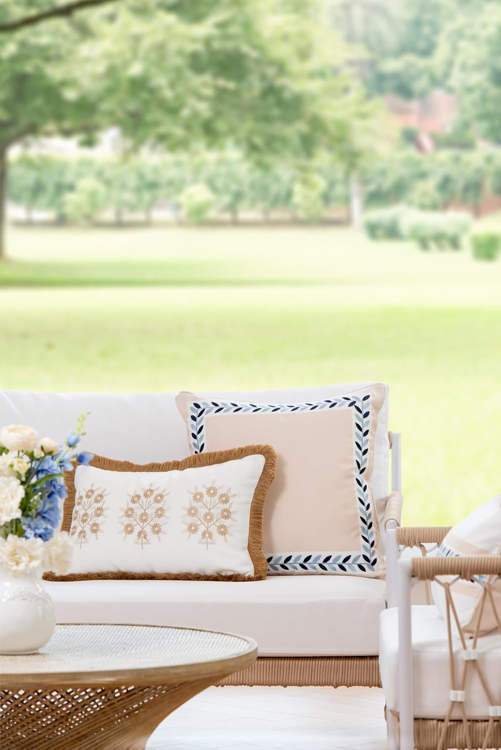 Hofdeco Premium Coastal Patio Indoor Outdoor Lumbar Pillow Cover Only, 12"x20" Water Repellent for Backyard, Couch, Neutral Tan Embroidered Floral with Fringe - Image 2