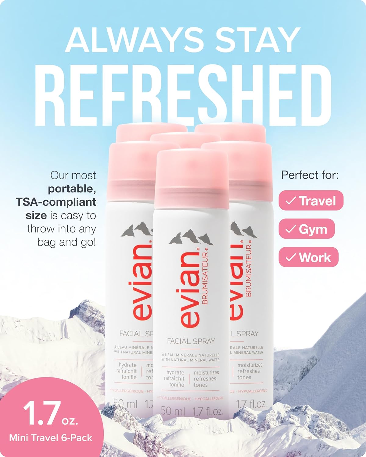 Evian Facial Spray 1.7 oz - Hydrating Mineral Water Mist for Face & Skin - Refreshes Makeup and Tones Skin - TSA-Approved Mini Facial Spray Set for Daily Skincare Hydration - Image 2