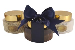 Aureate Luxury Skincare Full-Sized Luxury Product Trios, QUENCH Hydrating Body Butter, SMOOTH Polishing Body Scrub and UNWIND Relaxing Bath Soak, All-Natural, Small-Batched, Handmade Body Products