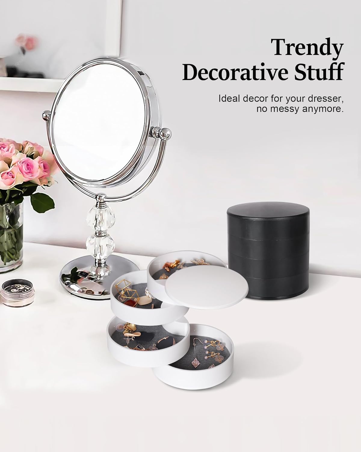 CONBOLA Jewelry Organizer, Small Jewelry Storage Box Earring Holder for Women, 5-Layer Rotating Travel Jewelry Tray Case with Lid for Bracelets Rings Bracelets, Gift for Women Teen Girls(White) - Image 3