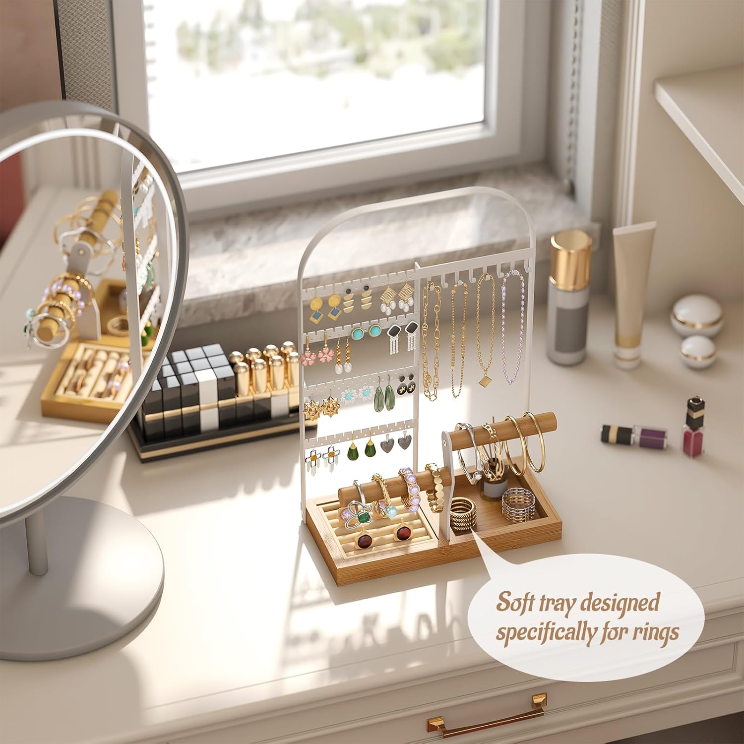 BMOSU Jewelry Organizer Stand with Velvet Ring Holder 2 Bracelet Holder Display 4 Tier Jewelry Rack with 8 Necklace Hooks and 48 Earring Holes Organizer Storage Wooden Box White - Image 6