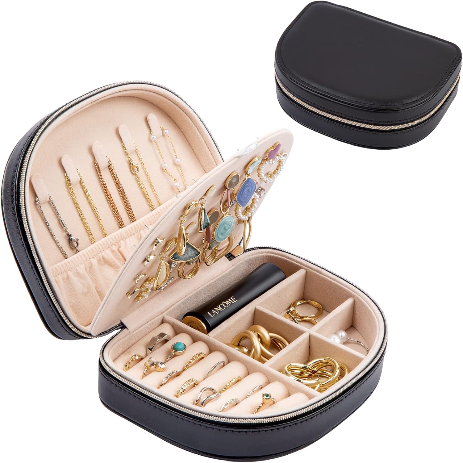 ProCase Travel Size Jewelry Box, Medium Portable Seashell-Shaped Jewelry Case, 2 Layer Jewelry Organizer in PU Leather for Women -Black