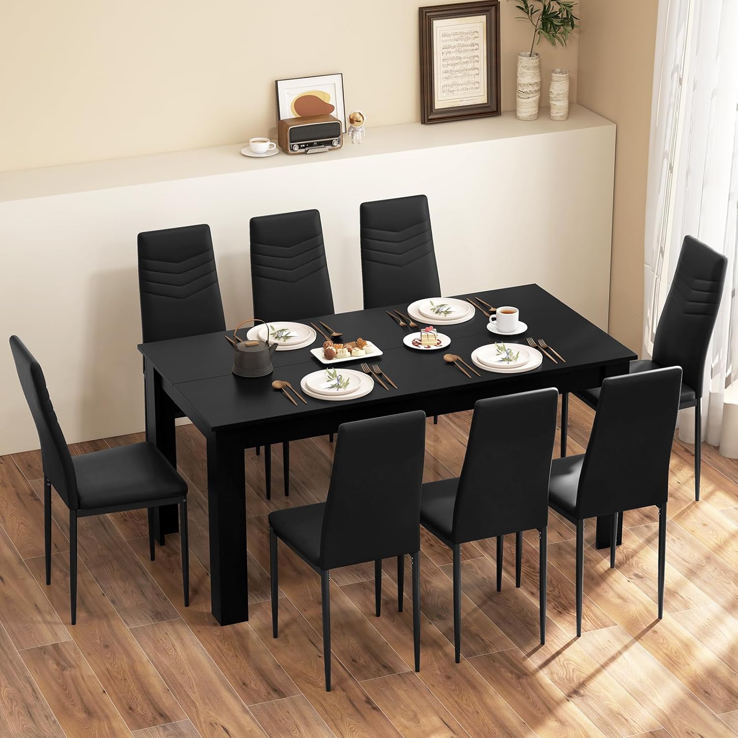 Giantex 9-Pieces Dining Table Set for 6-8, Modern Rectangular Kitchen Table with 8 PVC Leather Dining Chairs, 330Lbs Space-Saving Dinette Set for Breakfast Nook, Kitchen, Restaurant, Cafe, Black - Image 2