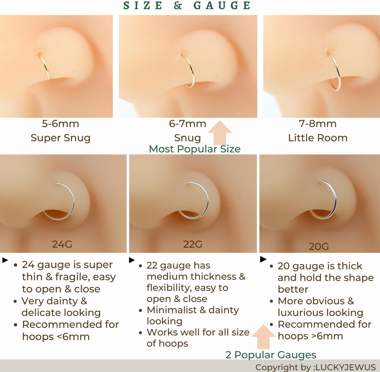 LUCKYJEWUS Small Thin Nose Ring Hoop for Women, 14k Gold Filled or 925 Sterling Silver Nose Piercing Jewelry, Adjustable - Image 5