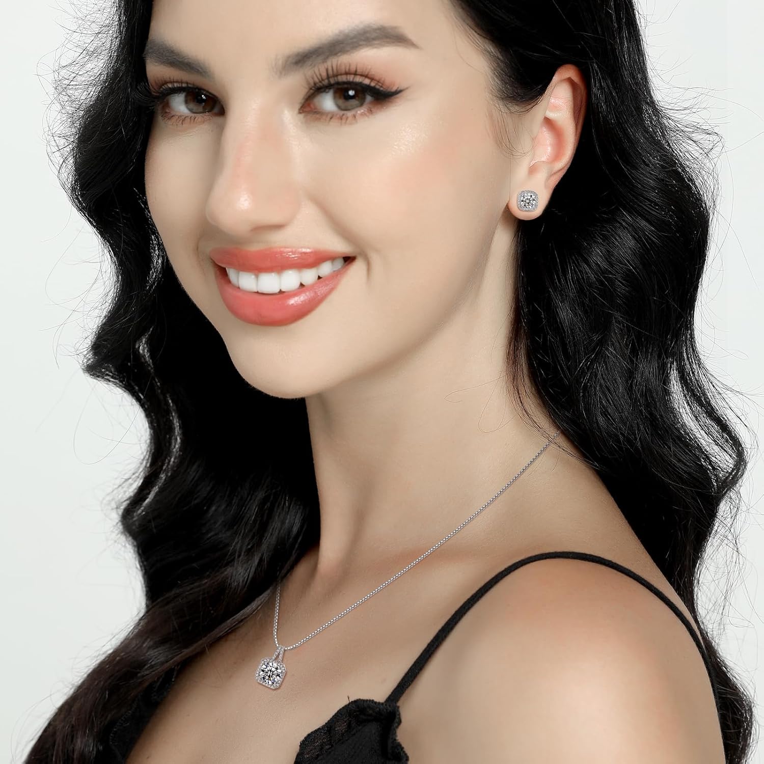 Cubic Zirconia Necklace and Earrings Set for Women 14K White Gold Plated Bridesmaid Silver Jewelry Set for Women Pendant Necklace Hypoallergenic Stud Earrings Set Jewellery Gift for Mom Wife Bride Bridesmaid - Image 3