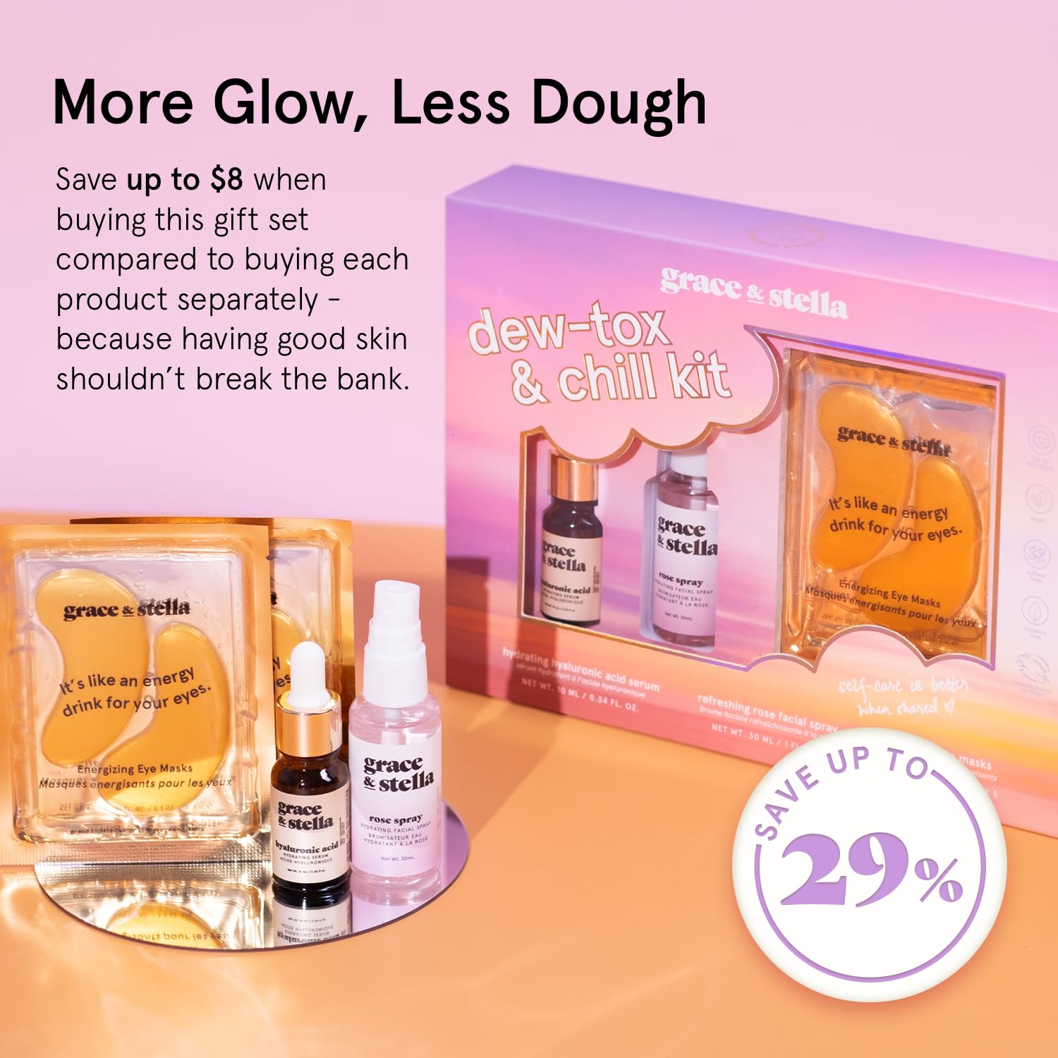 grace & stella Award-Winning Skin Care Set - Birthday Gifts for Women - Travel Essentials with Gold Eye Masks, Hyaluronic Acid Serum & Rose Spray - Bachelorette Party Favors, Teen Girl Gifts - Vegan - Image 3