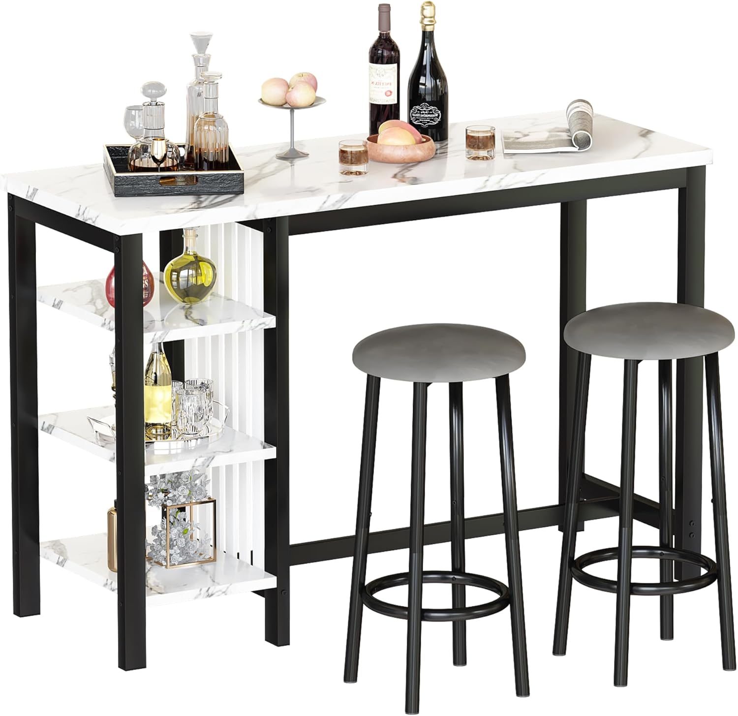 Lamerge Kitchen Furniture Bar Height Table and Chairs for 2 People, 4-Tier Compact Dining Room Table, White Faux Marble Top and 2 Grey Velvet Upholstered Seat, Modern Dining Set for Home/Studio/Office - Image 3