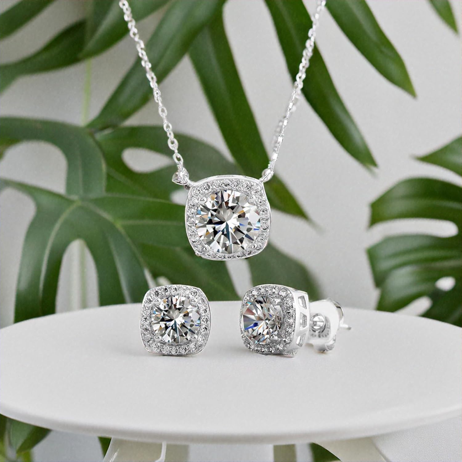 Devin Rose Stud Halo Cushion Shaped Earrings for Women and 18 Inch Necklace for Women Jewelry Set made with Faceted Crystals - Image 3