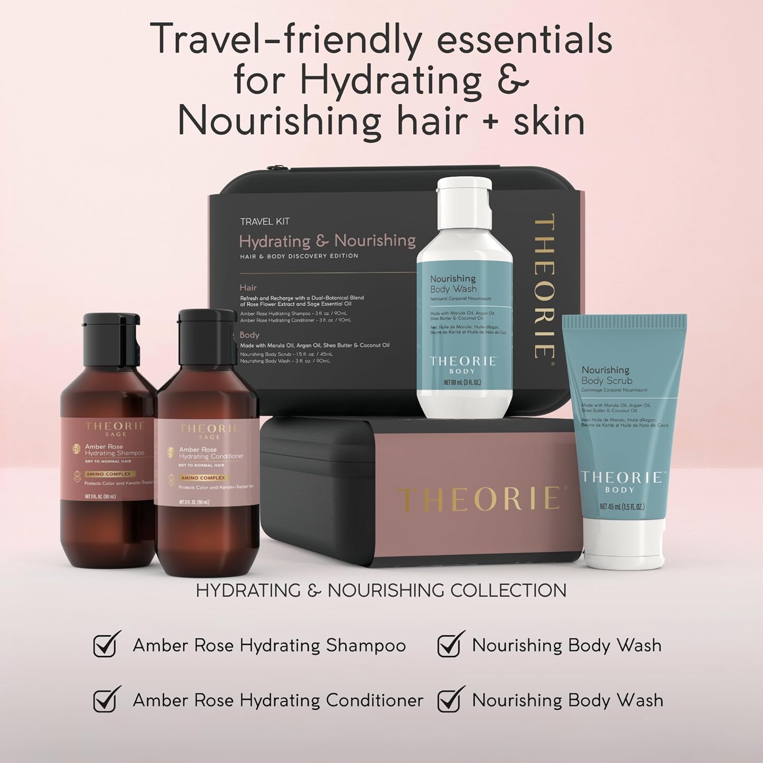 THEORIE Hydrating & Nourishing Travel Kit – Amber Rose & Nourishing Collection | Shampoo, Conditioner, Body Wash & Exfoliating Scrub | Clean Beauty for Hair & Skin - Image 3