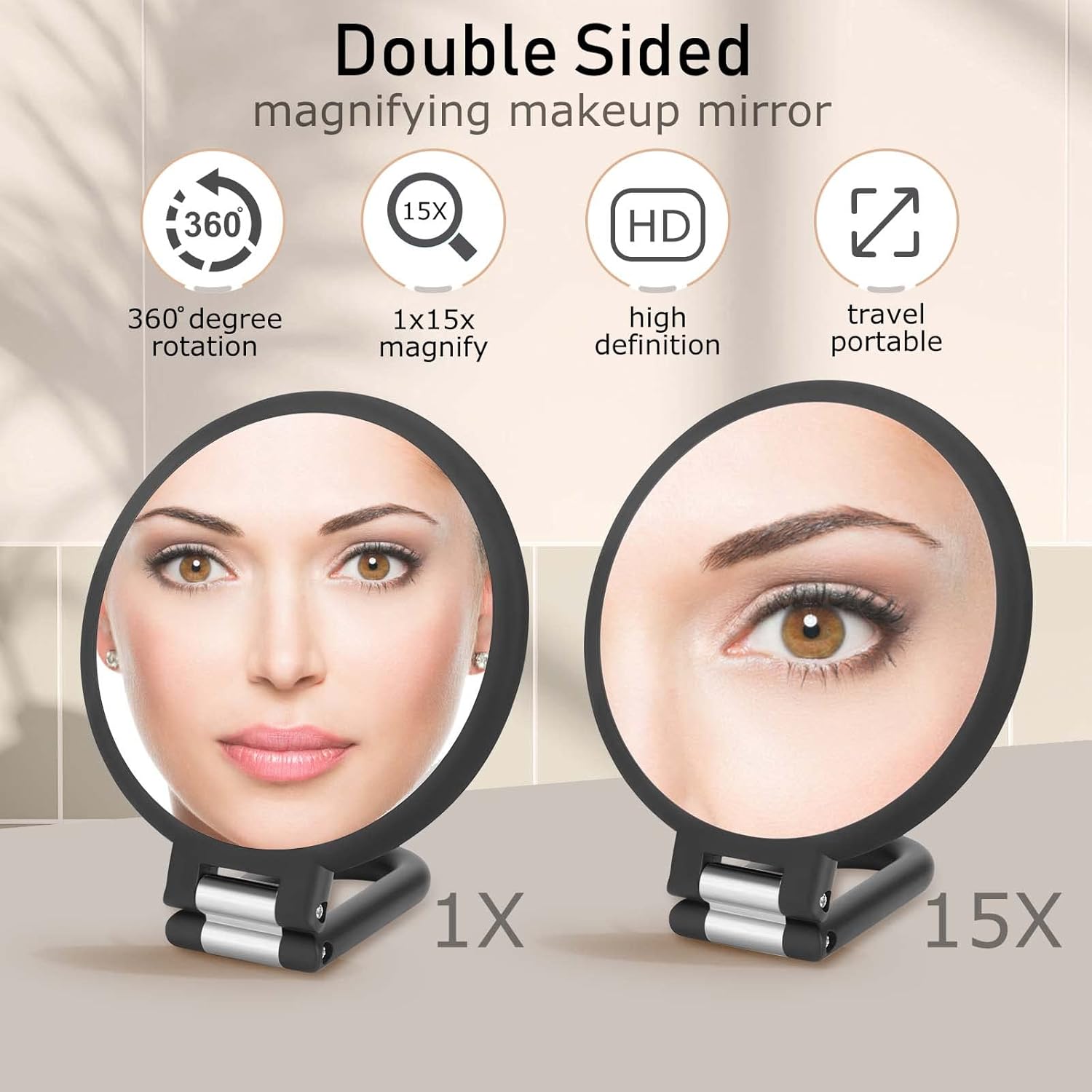 Magnifying Handheld Mirror Double Sided, 1X 15X Magnification Hand Mirror, Travel Folding Held Adjustable Rotation Pedestal Makeup Desk Vanity - Image 2