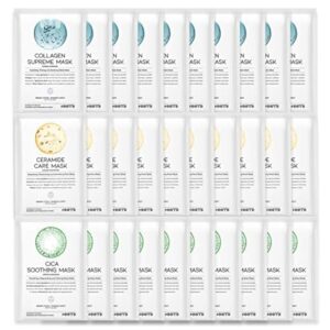 Hydrating Soothing Sheet Masks Gift Set for Skincare, Korean Vegan Sheet Mask for Dry, Sensitive Skin, Calming, Smoothing, Brightening, Collagen, Ceramide, Cica, Hyaluronic Acid 30EA