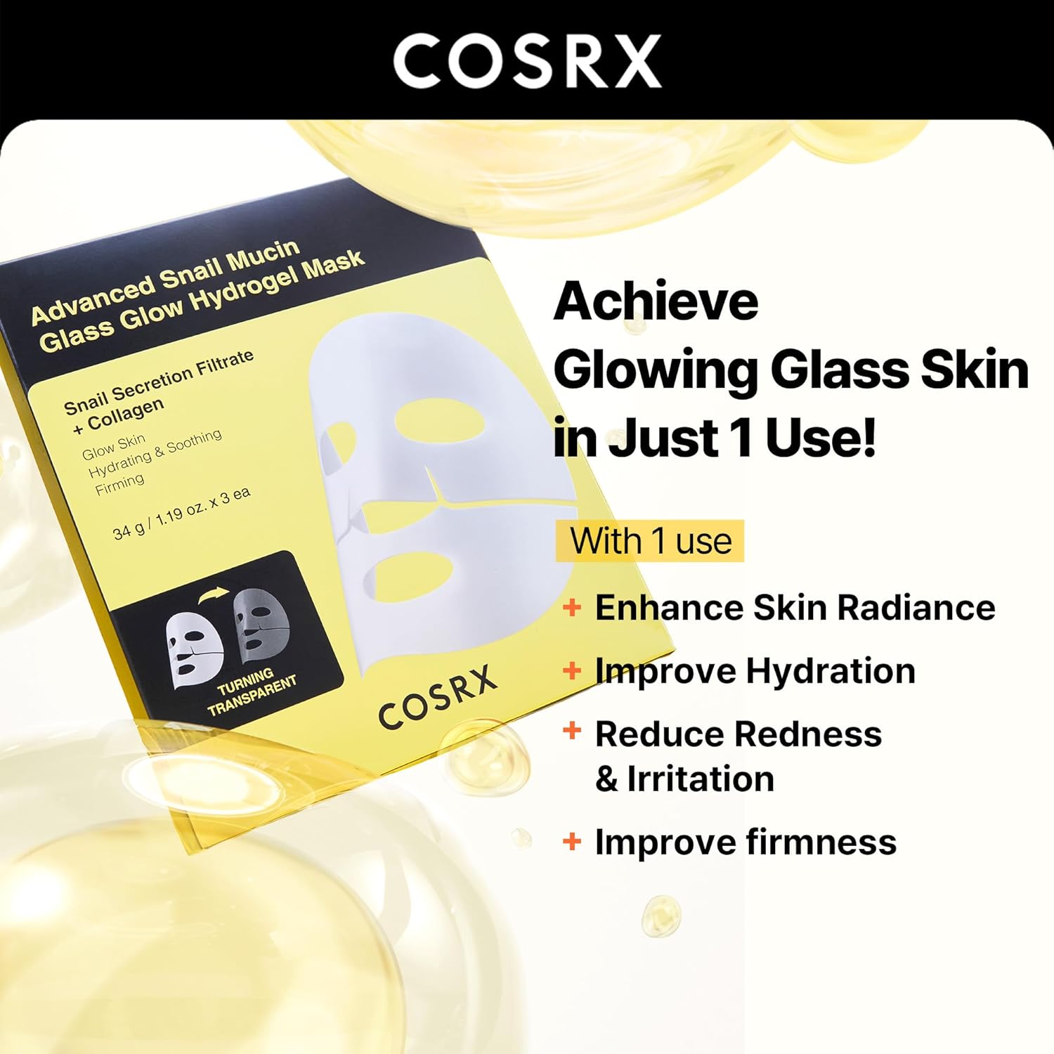 COSRX Advanced Snail Mucin Glass Glow Hydrogel Face Masks Skincare 3 EA, Collagen Face Mask, Travel Essentials, Overnight Face Mask, Korean Skin Care - Image 3