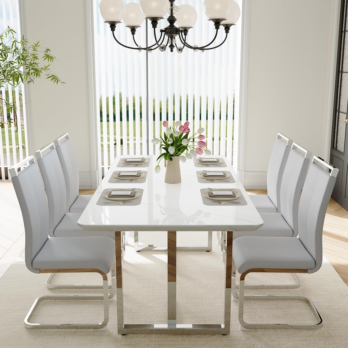 63" Dining Table Set for 6,White Dining Table Set with Chrome Plate Leg, Faux Marble Kitchen Table and Chairs Set of 6,Modern Dining Room Table Set for Dinner Room,High Glossy,Sturdy Structure - Image 8