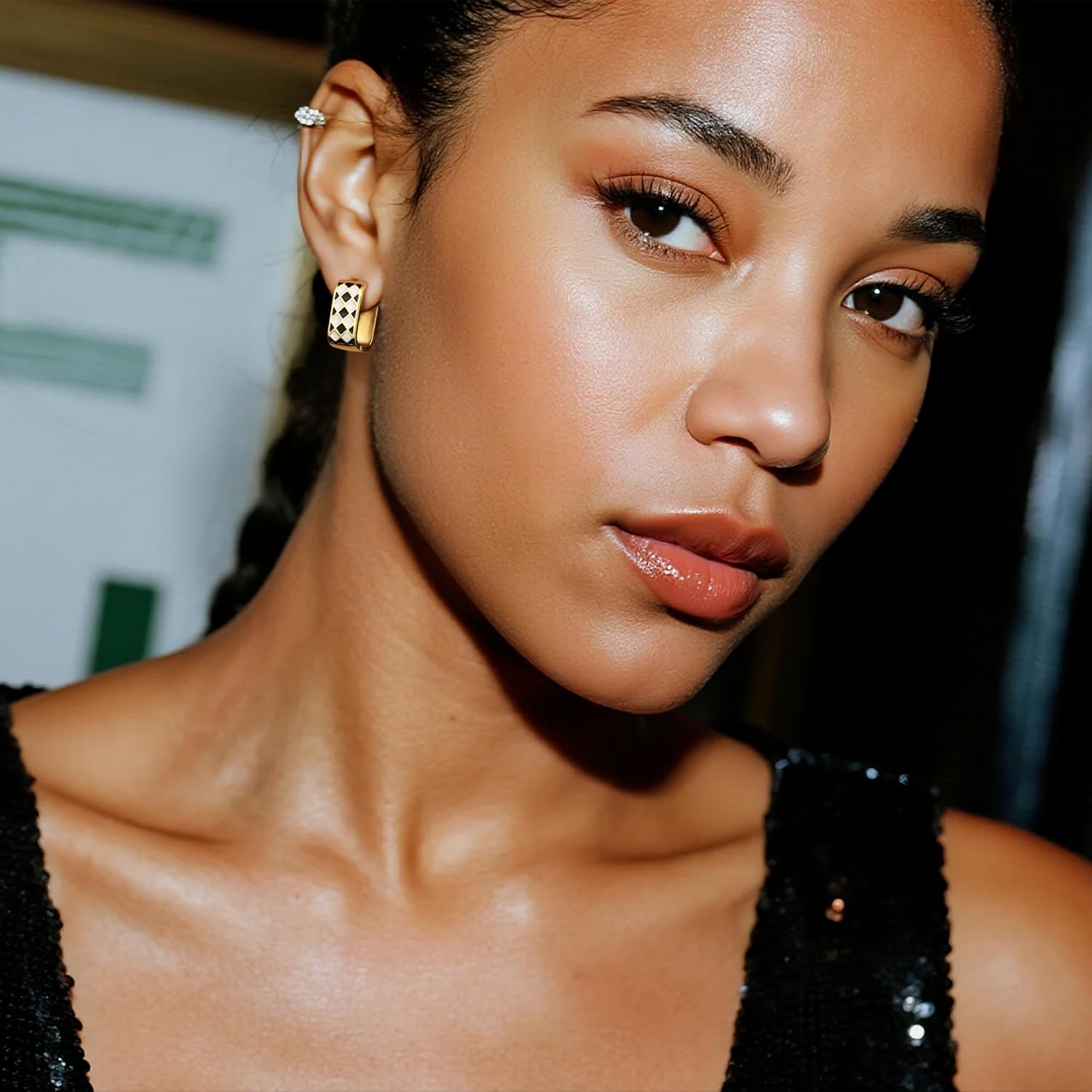 14K Gold Plated Hoop Earrings for Women Trendy Dainty Checkered Hoop Earrings White Black Enamel Sterling Silver Post Hypoallergenic Chic Checker Small Chunky Huggie Hoops Earring - Image 3