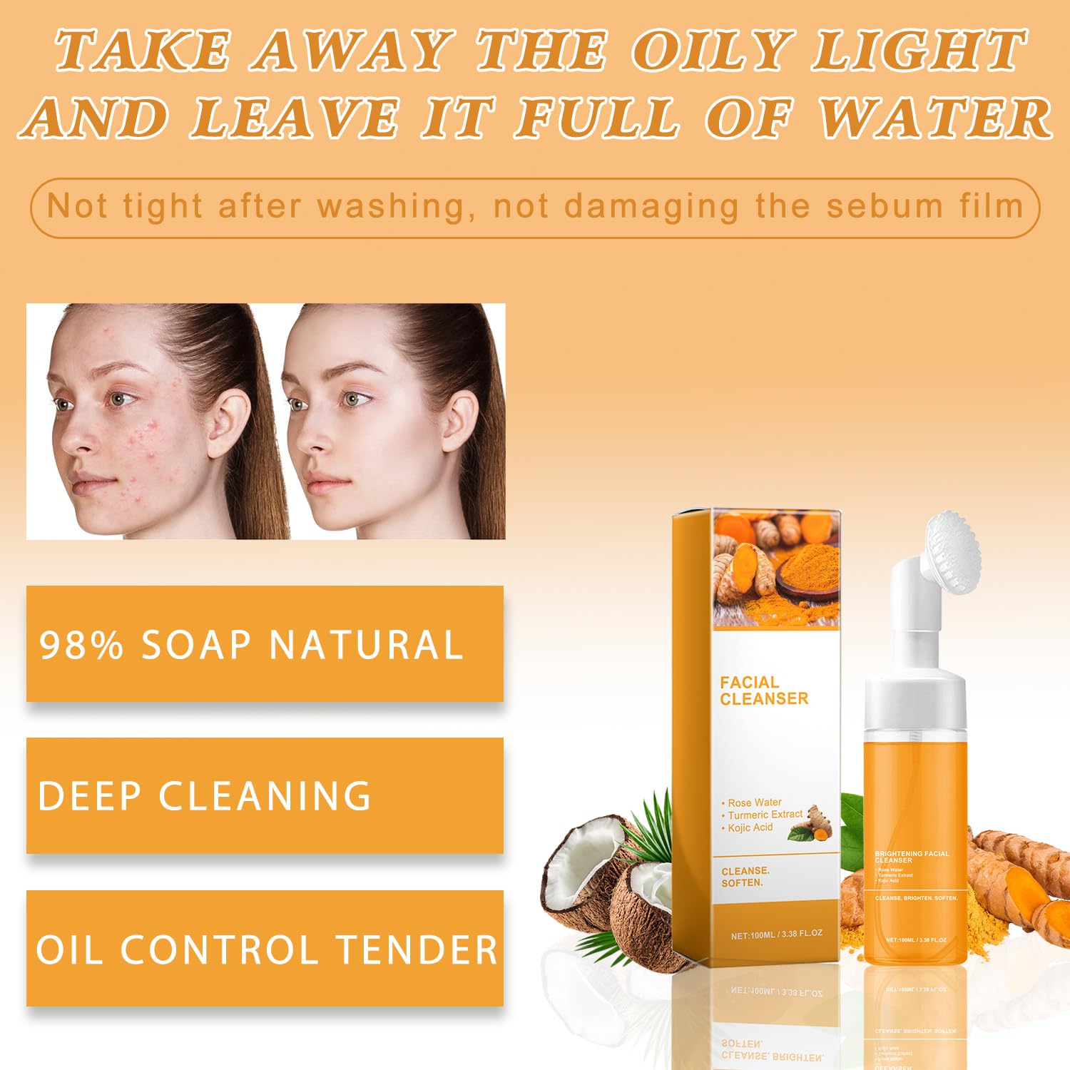 4Pcs Turmeric Wash and Care Three Piece Set,Turmeric Trio: Facial Wash,Cleansing Mousse & Soap for Skin Care,Turmeric Cleansing Exfoliating Pads,Turmeric Face Wash for Face & Body - Image 5