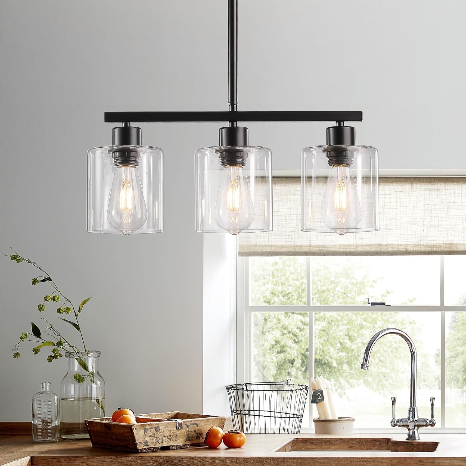 3-Light Kitchen Island Lighting, Black Pendant Light Fixture, Farmhouse Dining Room Light Fixtures Over Table, Modern Hanging Light Fixtures with Clear Glass, E26 Base, Bulbs Not Included