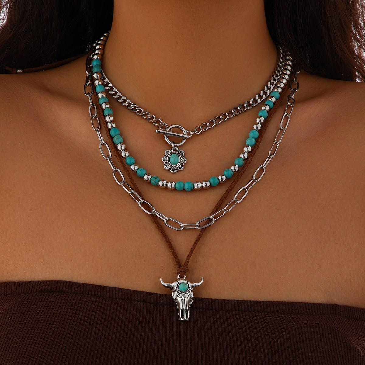 CSIYANJRY99 Layered Western Necklaces for Women Vintage Turquoise Beaded Western Jewelry for Women Ox-head Cactus Cross Chain Necklaces Country Concert Cowgirl Dresses Accessories - Image 2