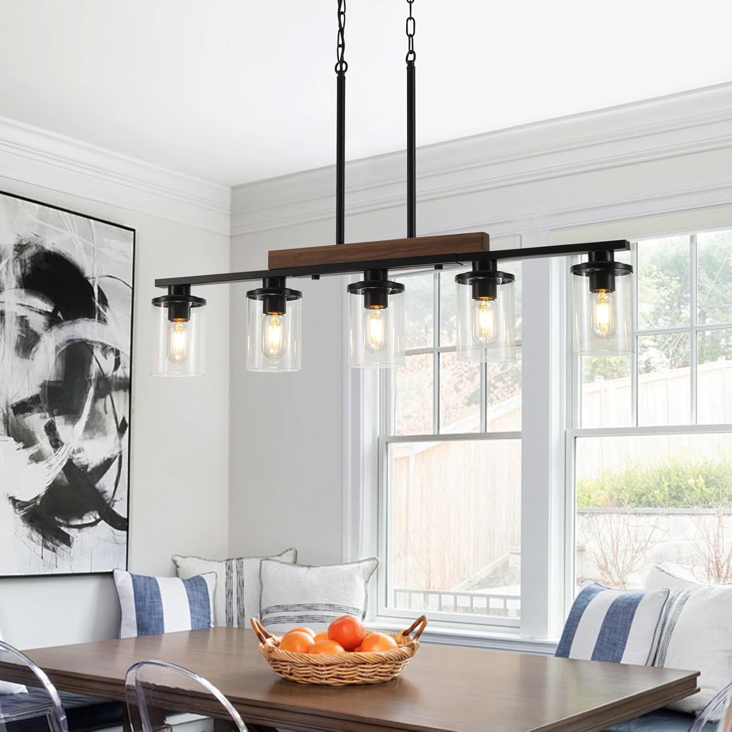 36.2‘’ Kitchen Lighting, 5-Light Dining Room Light Fixture Chandelier Over Table, Black Modern Rustic Wood Ceiling Pendant Light Fixtures, with Clear Glass Shade, Farmhouse Chandelier - Image 7