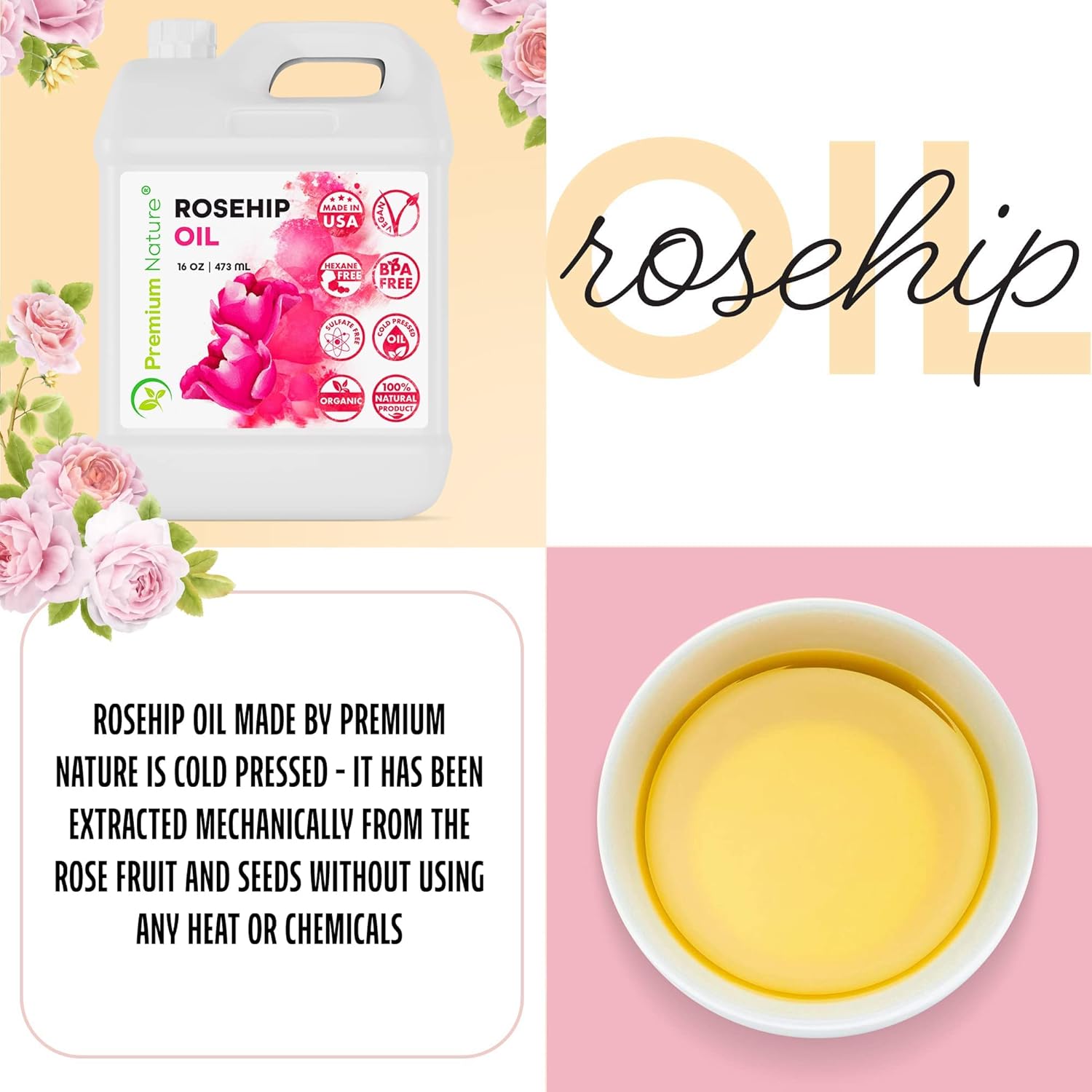 Rosehip Oil for Skin Face Body Hair Nails 16oz Cold Pressed Unrefined Rose Hip Seed Oil Moisturizing Facial Oil Bulk Aceite Rosa Mosqueta Puro 100 Organico Rose Oil For Face Oil For Dry Skin - Image 3