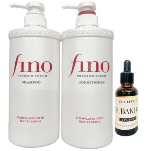 Tsubaki Pure Oil 1oz with Fino Premium Touch Shampoo & Conditioner Set 550ml/18oz – Hair Care Bundle for Dry Damaged Hair – Moisturizing Formula for Smooth, Silky & Hydrated Results