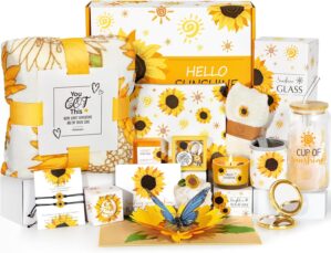 Sunflower Gifts for Women – 15 pcs Unique Birthday and Basket, Get Well Soon Care Package, Inspirational Box for Her, Mom, Sister, Best Friends (Yellow)