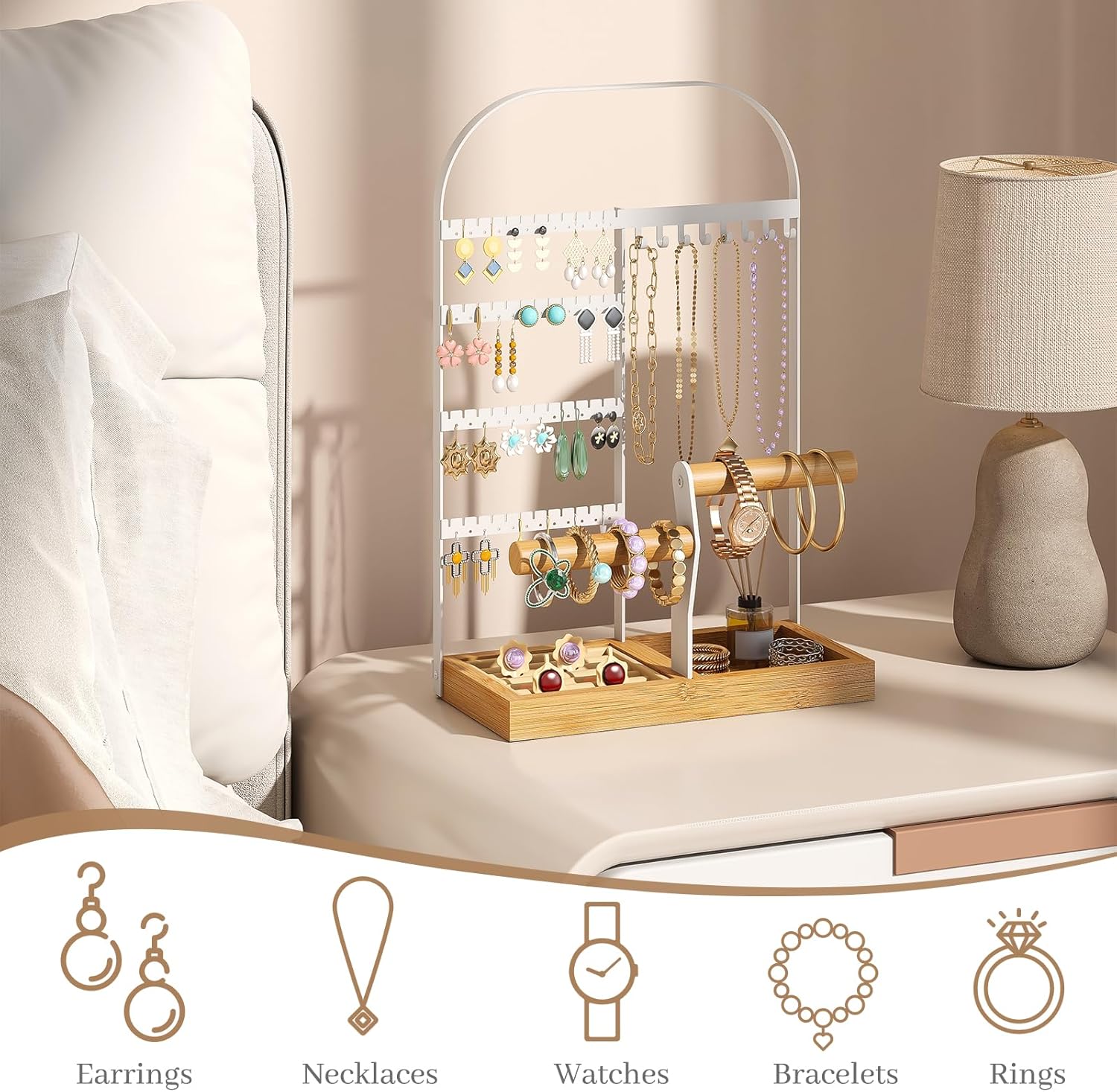 BMOSU Jewelry Organizer Stand with Velvet Ring Holder 2 Bracelet Holder Display 4 Tier Jewelry Rack with 8 Necklace Hooks and 48 Earring Holes Organizer Storage Wooden Box White - Image 5