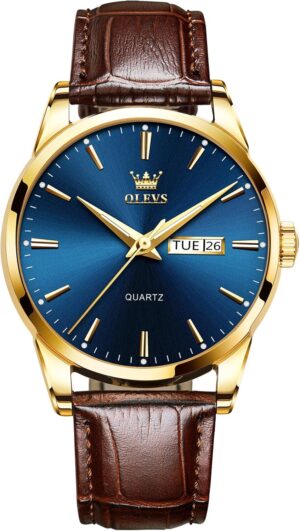 Men’s Casual Leather Watch, Easy to Read Three-Hand Analog Stainless Steel Watches for Men, Minimalist Day Date Waterproof Luminous Mens Quartz Wristwatch