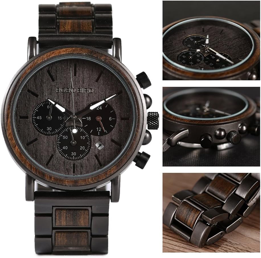 2win Mens Wooden Watches Luxury Stainless Steel Wood Watch for Men Chronograph Quartz Watches - Image 9