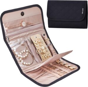 BELALIFE Travel Jewelry Case Organizer, Foldable Storage Roll for Earrings, Necklaces, Rings, Bracelets, Brooches, Black