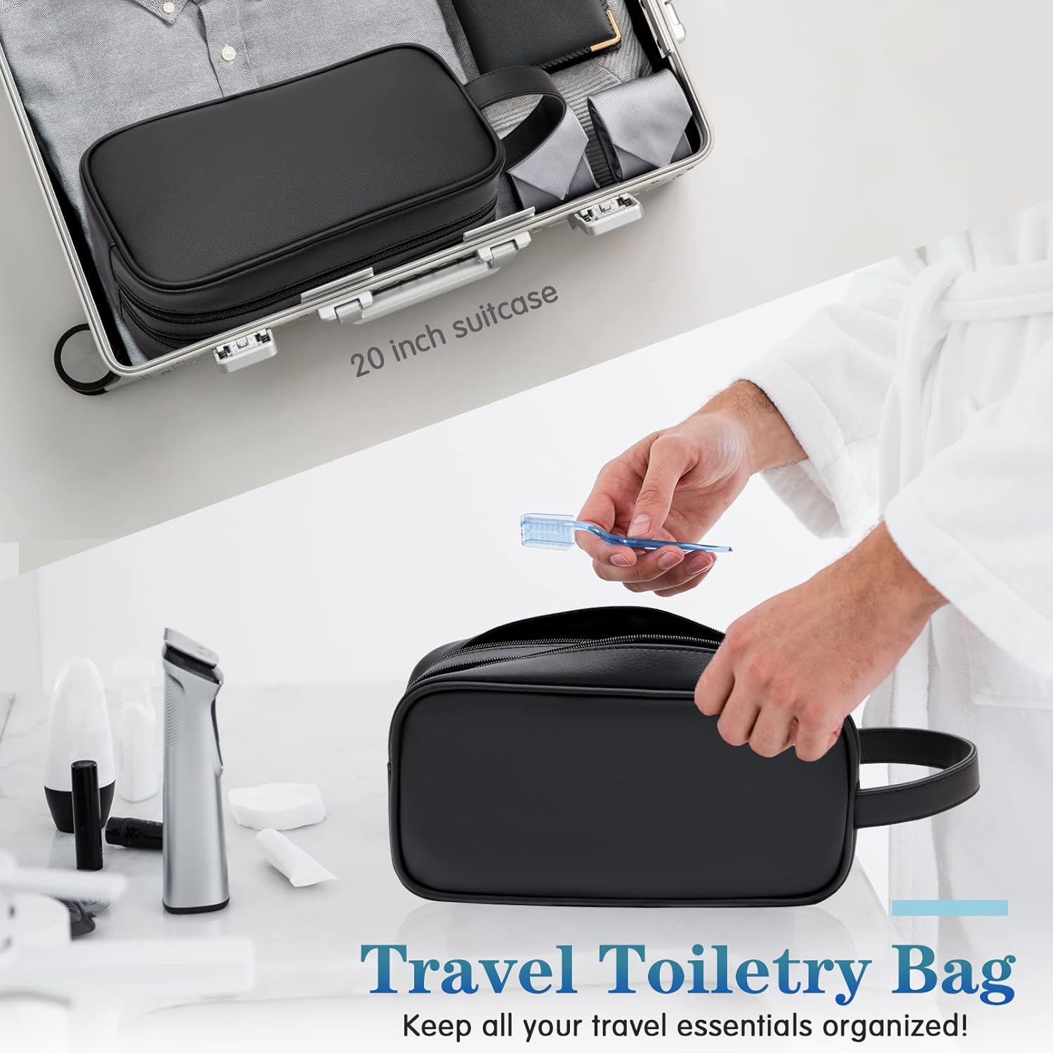 HappyDavid Soft PU Leather Zipped Travel Toiletry Bag Mens Ladies Supply Toiletry Bag Case(Black) - Image 3