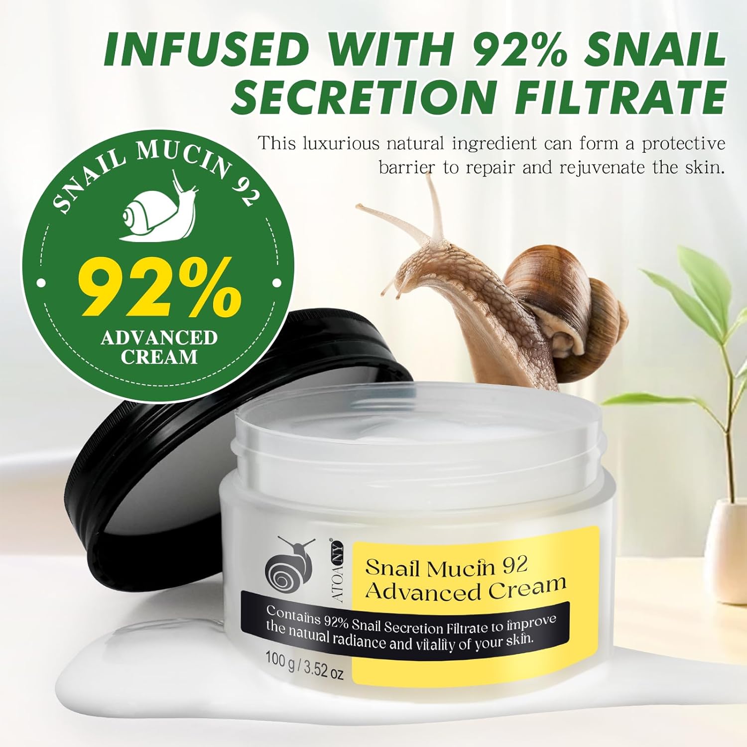 Snail Mucin 92% Repair Serum Cream - Face Moisturizer Hydrating Anti Age Firming Wrinkle Reduction Daily Repair Snail Mucin Face Cream for Dry & Sensitive Skin, All Skin Types-100 g/3.52 oz - Image 2