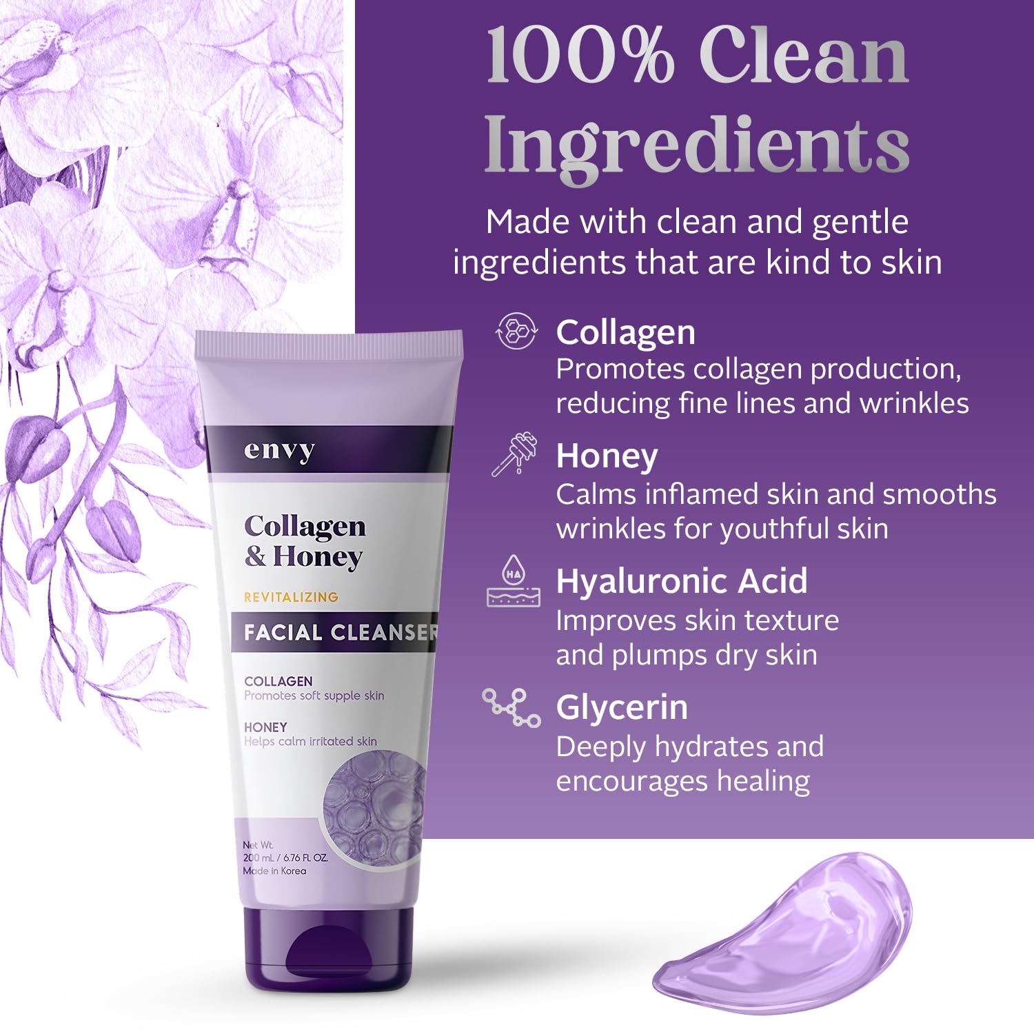 Envy Facial Cleanser with Collagen & Honey - Reduces Fine Lines, Wrinkles & Hydrates Skin - Clean, Cruelty-Free Korean Skin Care for All Skin Types - Dermatologist Tested - 6.76 oz - Image 4