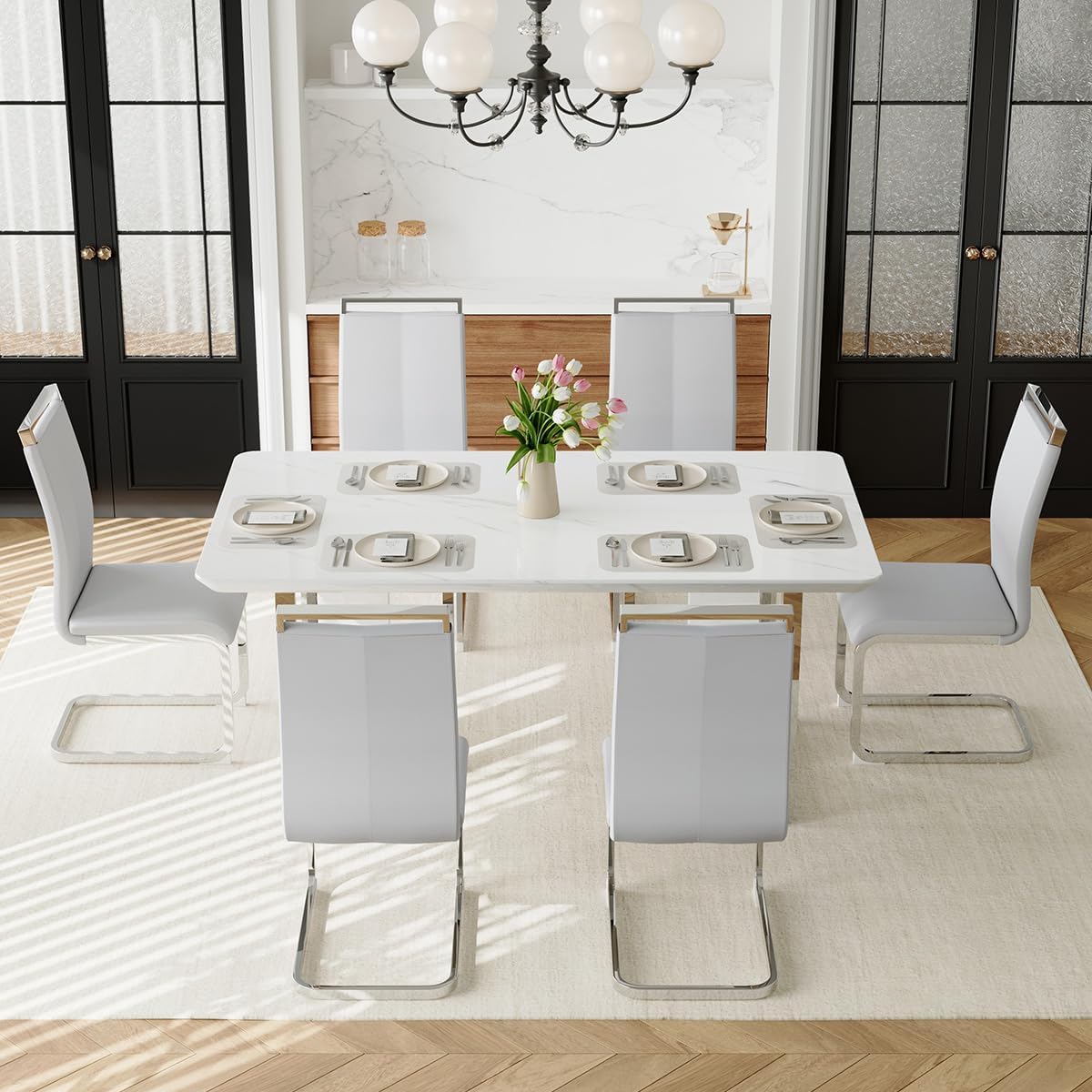 63" Dining Table Set for 6,White Dining Table Set with Chrome Plate Leg, Faux Marble Kitchen Table and Chairs Set of 6,Modern Dining Room Table Set for Dinner Room,High Glossy,Sturdy Structure - Image 2