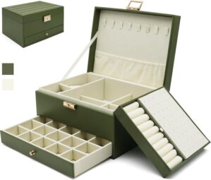 Jewelry Organizer Box, Jewelry Box Organizers for Women Girls, 3 Layers Large Leather Jewels Storage Case for Earring, Rings, Necklaces Bracelets, Big and Small Jewellery, Watch, Gift (OliveGreen)