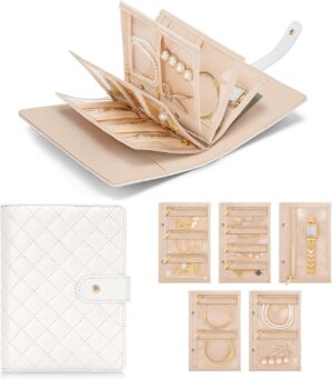 WOOMADA Travel Jewelry Organizer Case, Foldable Velvet Jewelry Storage Book with Clear Zipper Pouch and Built-in Mirror for Rings, Necklaces, Earrings, Bracelets（cream）