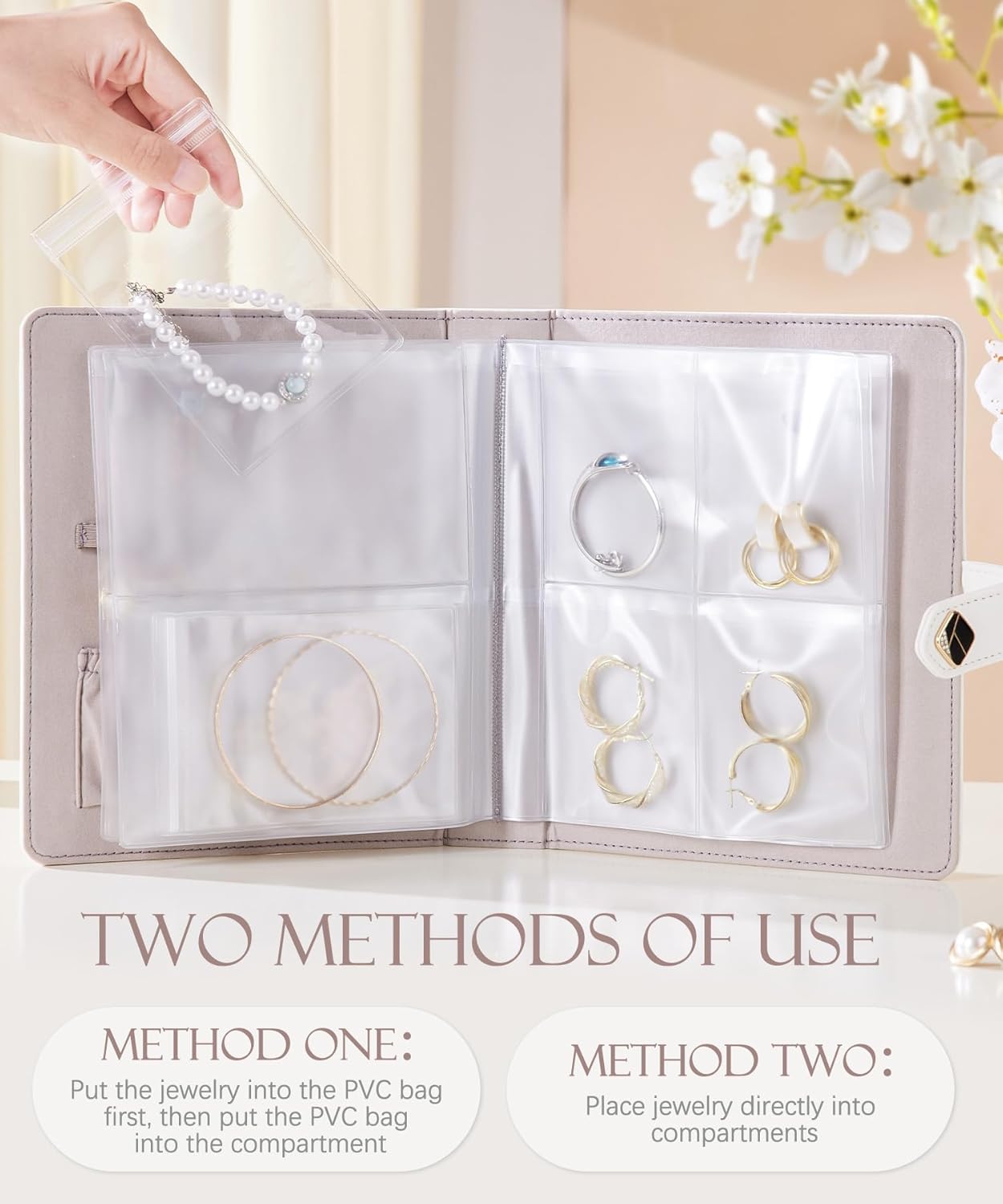 Homde Women Travel Jewelry Box: Traveling Organizer for Ring Necklace Bracelet - Storage Book with Plastic Pouches for Friend Sister Mother - Image 3