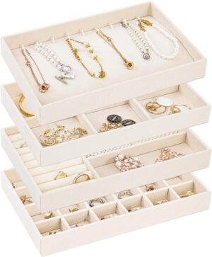 Large Jewelry Drawer Organizer Inserts, Velvet Jewelry Storage Tray, Stackable Jewelry Storage Tray Flat Stacking Display Case for Rings Stud Necklaces(Beige)