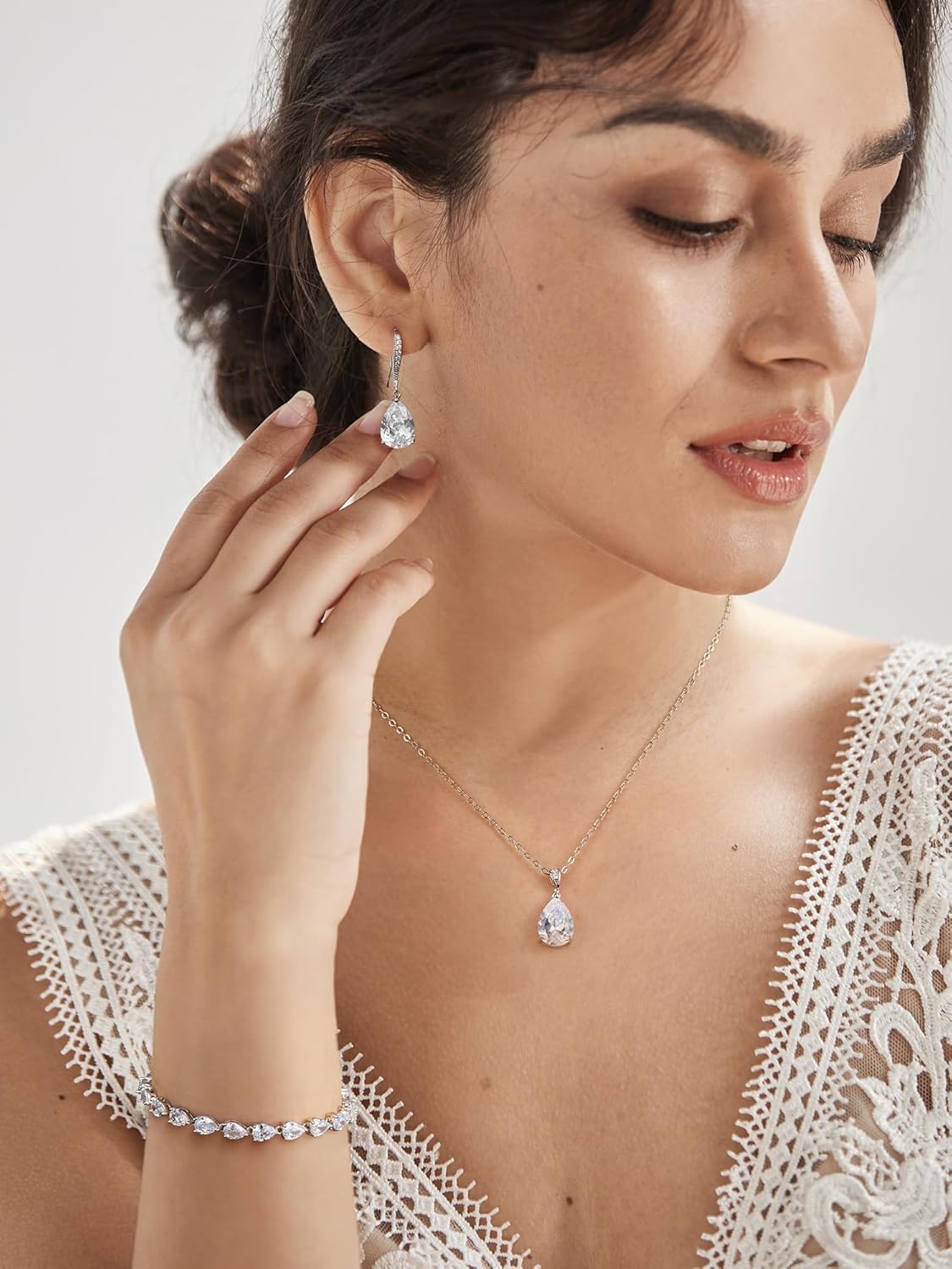 SWEETV Bridal Jewelry Set for Wedding, Cubic Zirconia Necklace Dangle Drop Earrings Bracelet Set, Teardrop Marquise Brides Bridesmaids Wedding Prom Anniversary Jewelry Gifts for Women - Image 2