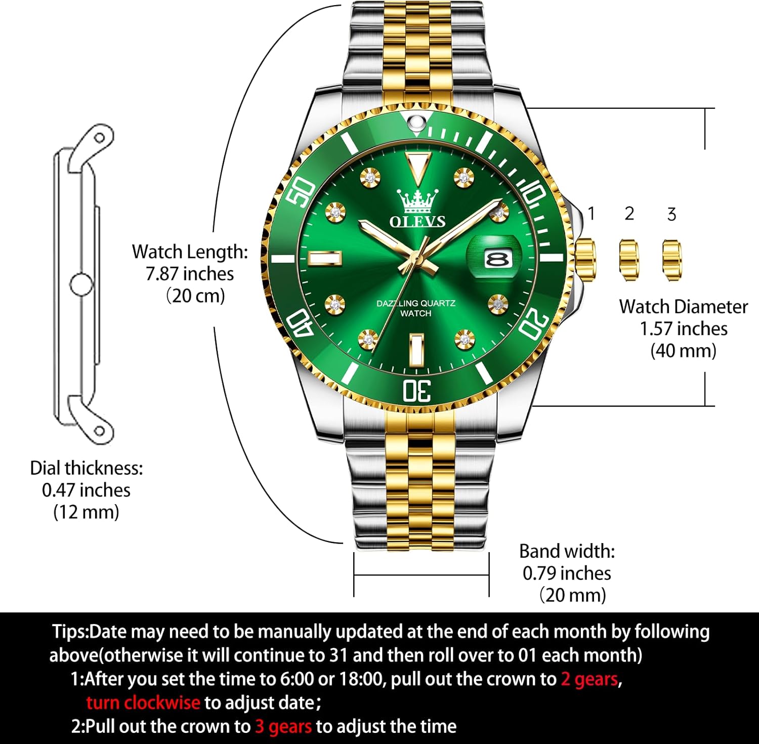 OLEVS Watches for Mens Stainless Steel Dress Mens Watches with Date Luxury Diamond Big Face Waterproof Blue/Black/Green/Gold/Red Dial Relojes para Hombres - Image 5