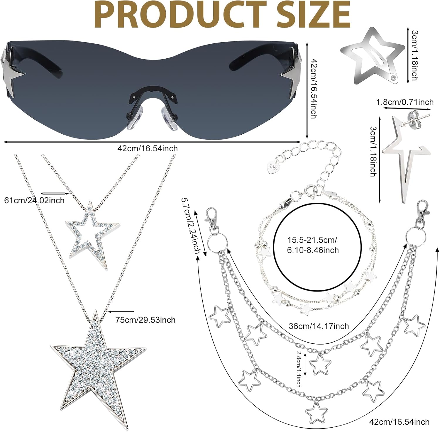 Y2k Accessories Set Included Star Y2k Grunge Necklace Sunglasses Hip Hop Pants Chain Star Hair Clip Spike Star Earrings Dangle Stars Bracelet, Christmas Jewelry Gift for Women - Image 4