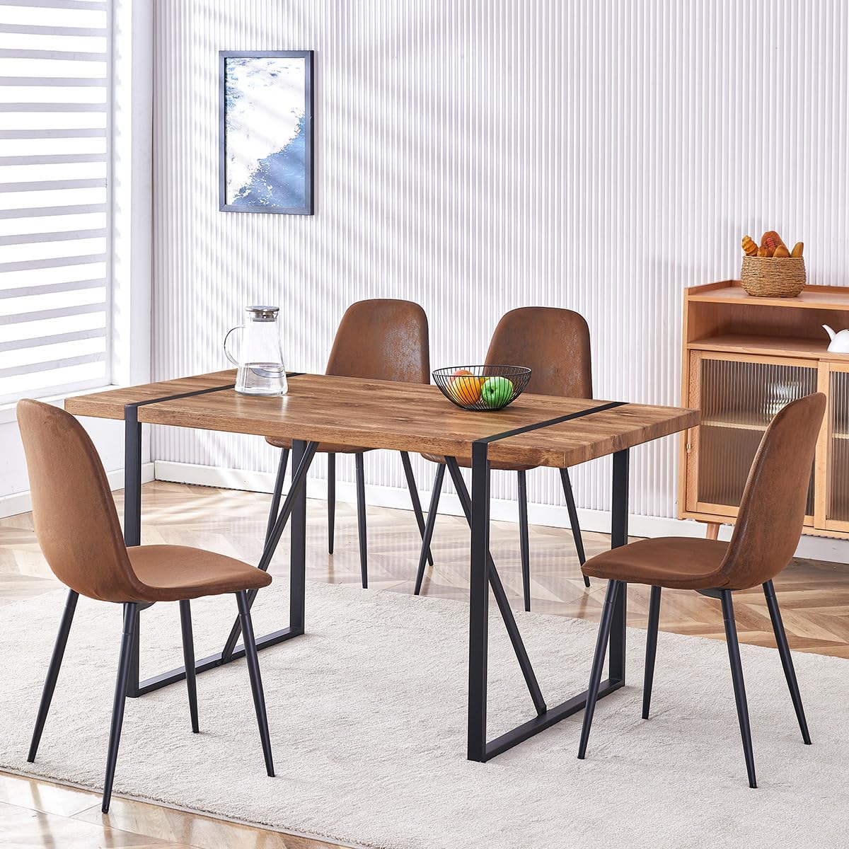 Dining Table Set for 4,Dinner Table Set for 4,55'' Kitchen Table and Suede Nap Fabic Chairs Set of 4, 5 Piece Dining Table Set for Kitchen Dining Room