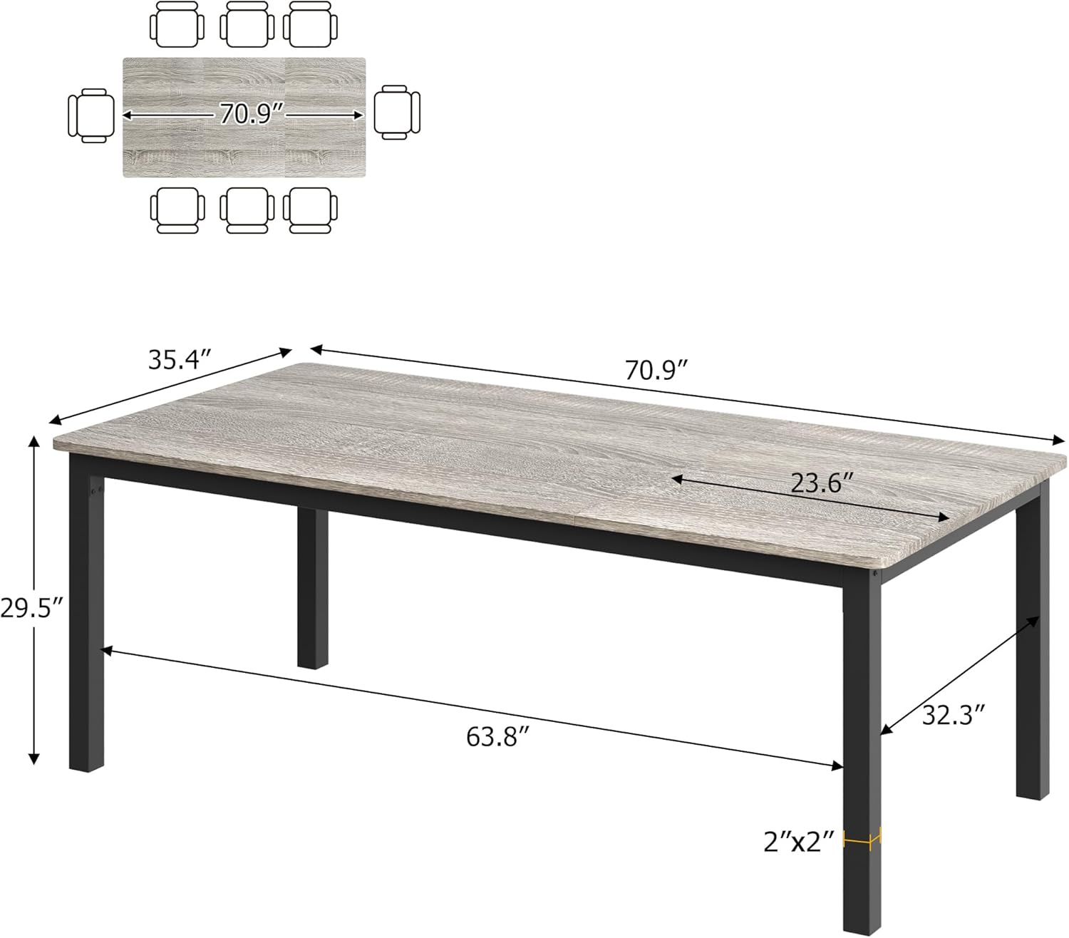 71 Inch Industrial Dining Table, Large Rectangle Kitchen Table with Metal Legs, Round Corners, Wooden Conference Tables Writing Desk for Dining Room, Living Room, Rustic Grey - Image 2