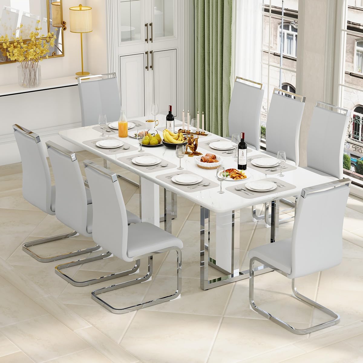 79" Modern Dining Table Set for 8,White Dining Room Table Set with Silver Chrome Pedestal,79" Glossy Kitchen Room Table Set for 8-10 Person,Dining Room Table with 8 Chairs,Faux Marble - Image 7