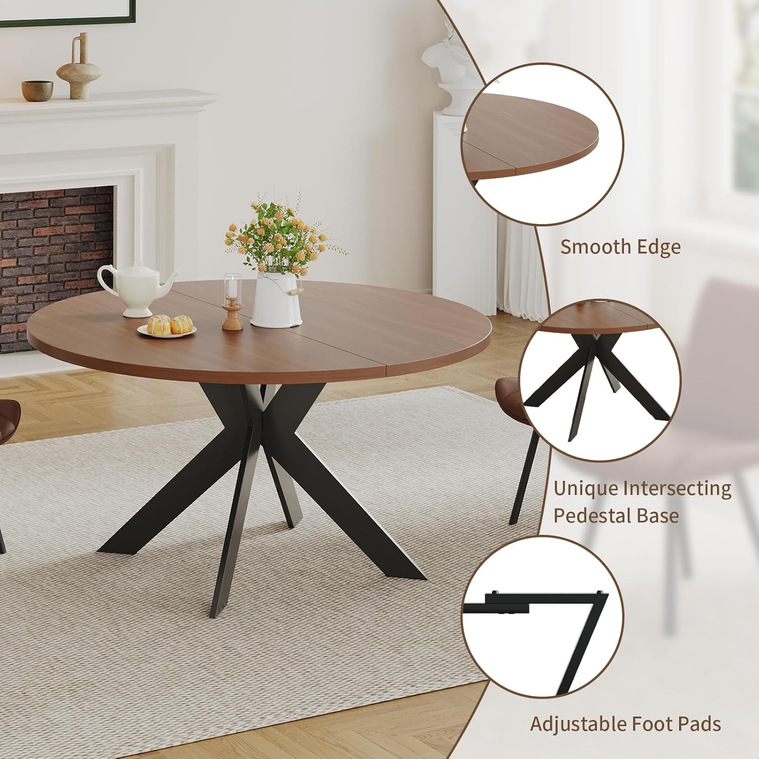 45.3" Walnut Round Dining Table Set with 4 Chairs – Mid-Century Modern Small-Space Kitchen & Dining Room Furniture for Apartment or Breakfast Nook (Boxwood – Table Only) - Image 3