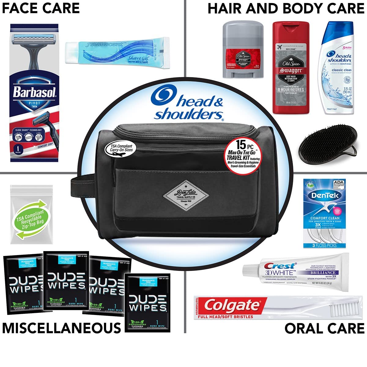 Convenience Kits International Men's Premium 15-Piece Kit wth Travel Size TSA Compliant Essentials, Featuring: Head & Shoulders Dandruff Shampoo Classic Clean and Palm Scalp Brush in Black Dopp Bag - Image 3