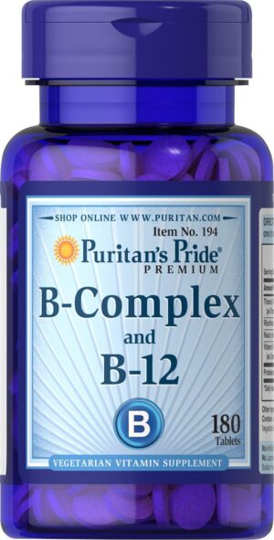 Puritan’s Pride Premium Vitamin B-Complex and Vitamin B-12, Vegetarian Dietary Supplement for Cellular Energy Production, Maintains Health of Skin and Nerves Support, 180 Tablets