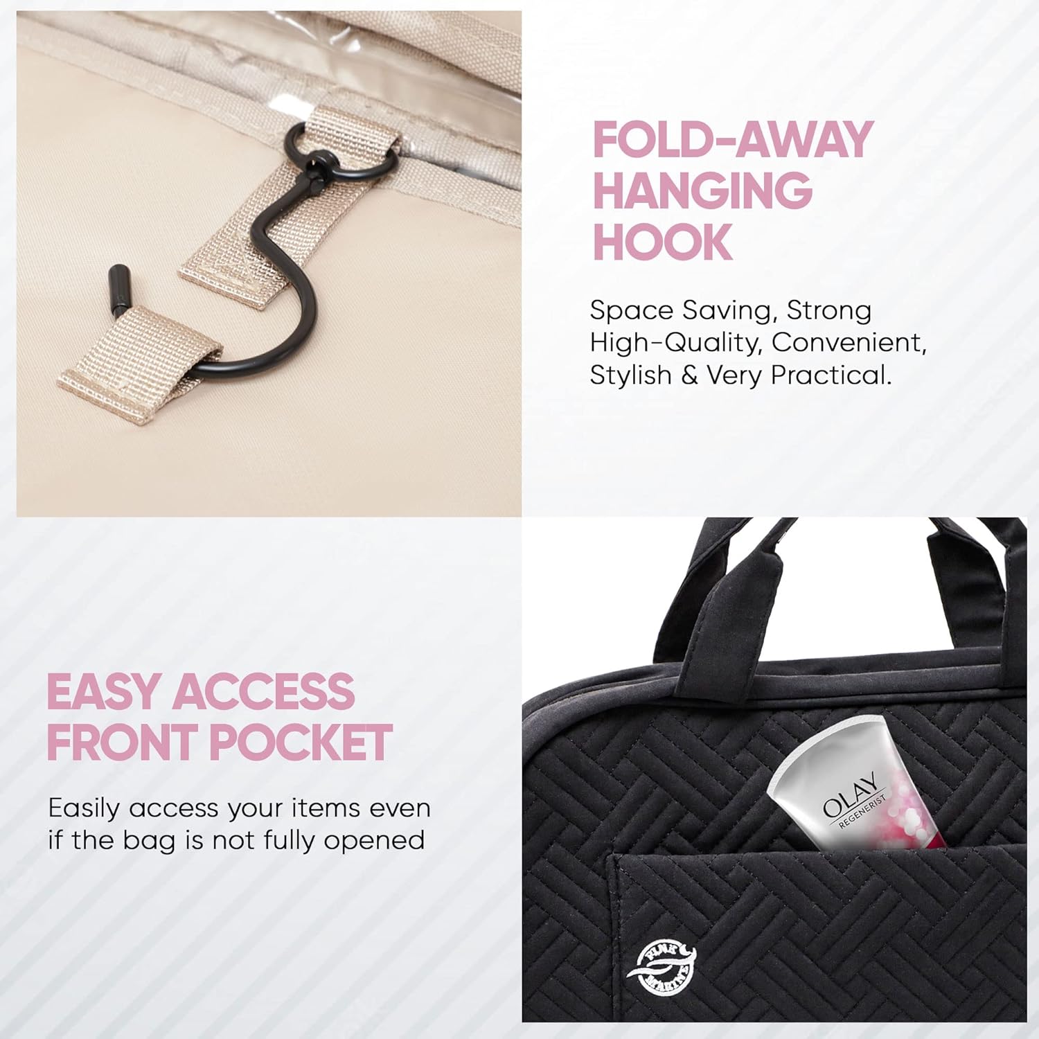 Pink Marine Travel Hanging Toiletry Bag for Women and Men, Luxury Cosmetics and Makeup Organizer with Full-Size Pockets, Waterproof Exterior, Hands-Free Hook, (Black, Large) - Image 8